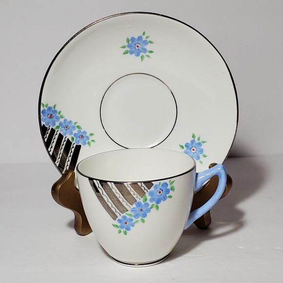Windsor Teacup and Saucer Art Deco Blue Flowers Vintage - Picture 9 of 9